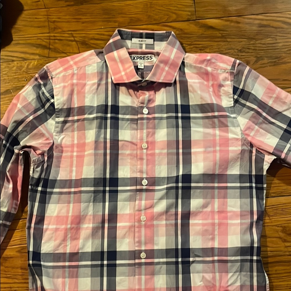 Express Pink and Blue Casual Button Down Shirt